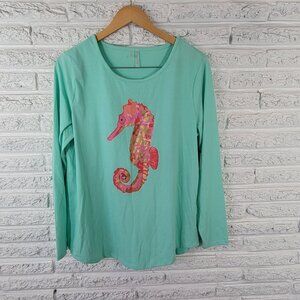 Silverwear Women's XL T-Shirt Teal Blue Seahorse Graphic Tee Nature BLU136E